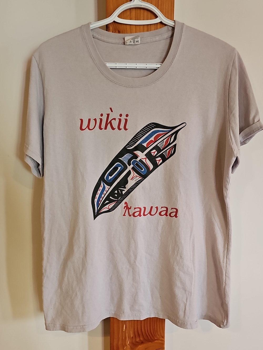 Vintage First Nations Light Gray Graphic Tee with Multicolor Feather Print